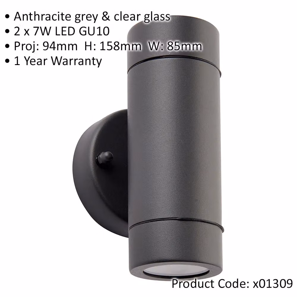 Loops 2 Pack Up & Down Twin Outdoor IP44 Wall Light in Anthracite with Stainless Steel and Glass Finish – 2