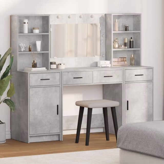 Berkfield Home Hollywood LED Modern Rectangular Dressing Table Set in Grey Matt Wood Finish – 1