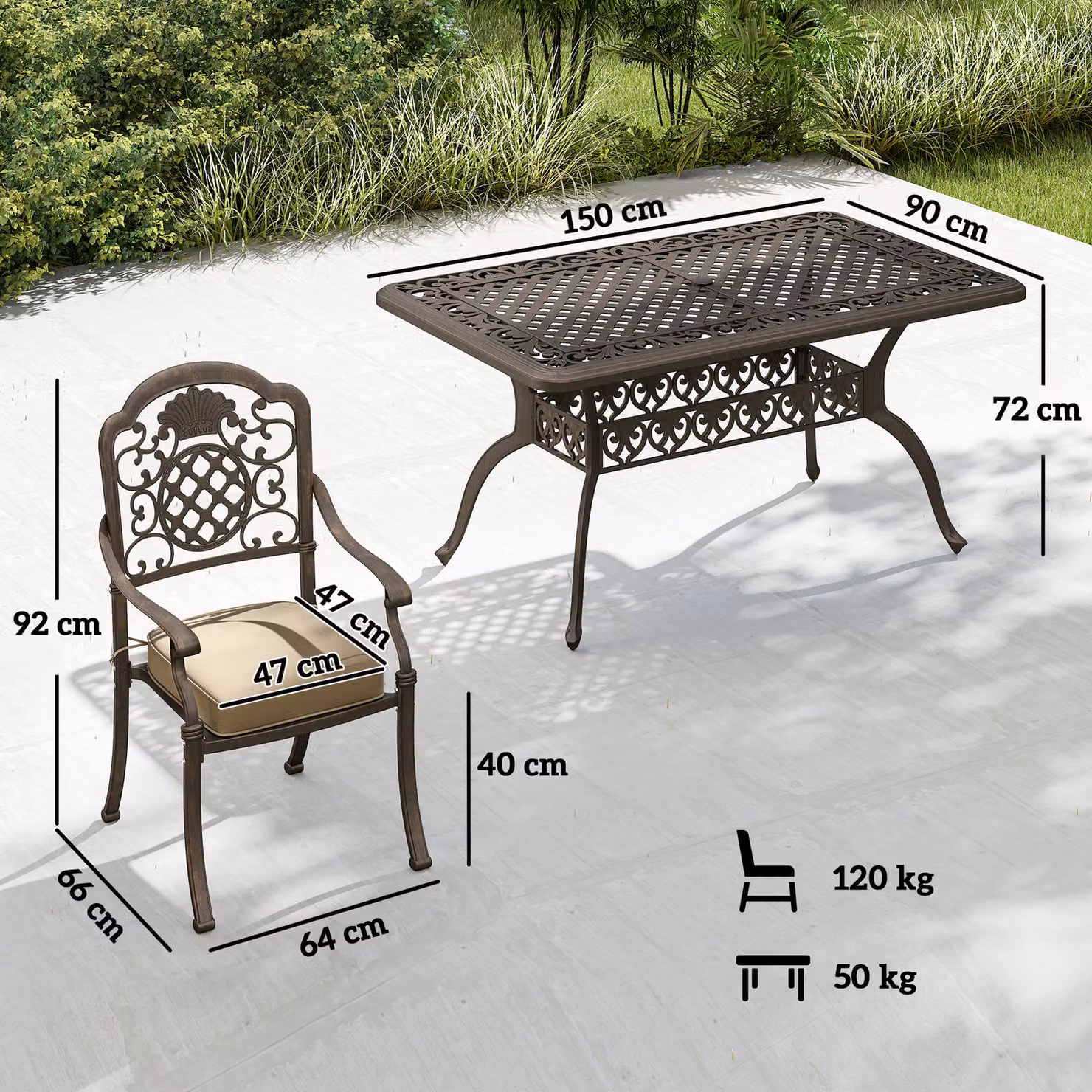 Outsunny Garden Dining Set for 6, Bronze Tone Powder Coated Aluminium Rectangular Table and Chairs with Floral Cushions and Parasol Hole – 3