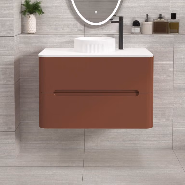 Royal Bathrooms Venice 800mm Wall Hung Vanity Unit in Terracotta Clay with 2 Drawers, Plain White Worktop and Round Basin