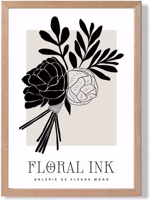 ARTZE Black and Beige Closed Peonies Floral Ink Sketch Framed Print with Oak Frame