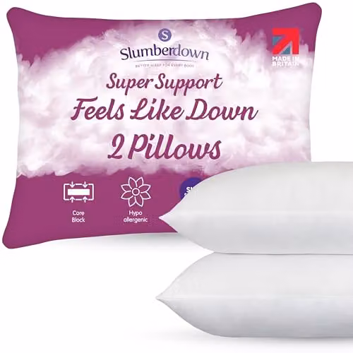 Slumberdown Feels Like Down Pillows 2 Pack, White, Firm Support for Side Sleepers, W: 74 cm, H: 48 cm – 1