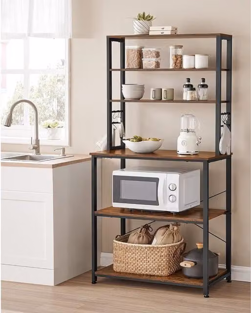 The Bazaarist Baker's Rack Kitchen Storage Unit with Hanging Rod and Multiple Shelves, Rustic Brown and Black, H 167 x W 80 x D 40 cm