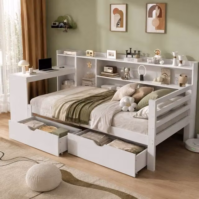 STILVORA Modern Single Day Bed in White with Storage Drawers, Desk, Bedside Shelf and USB Charging Port, W/D/H: 90 x 190 cm