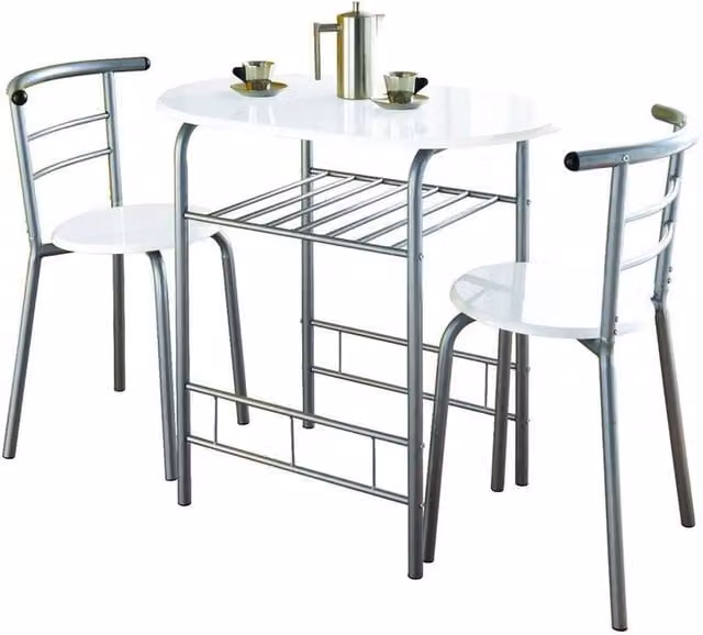 Kelvenix Modern High Gloss Oval Breakfast Bar and 2 Chairs Set in White and Silver