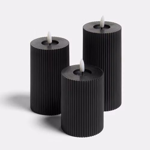 OHS Set of 3 Ribbed Black Flameless LED Pillar Candles with Flickering Effect – 3
