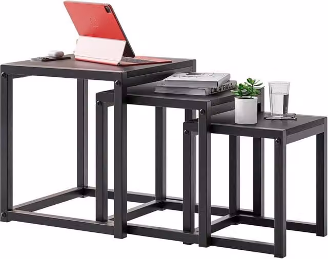 VOGREX Set of 3 Nesting Coffee and Side Tables in Black MDF and Metal