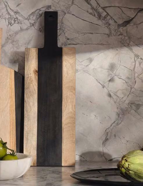 M&S x Kelly Hoppen Rectangular Wooden Long Serve Board in Natural Brown and Beige Striped Wood