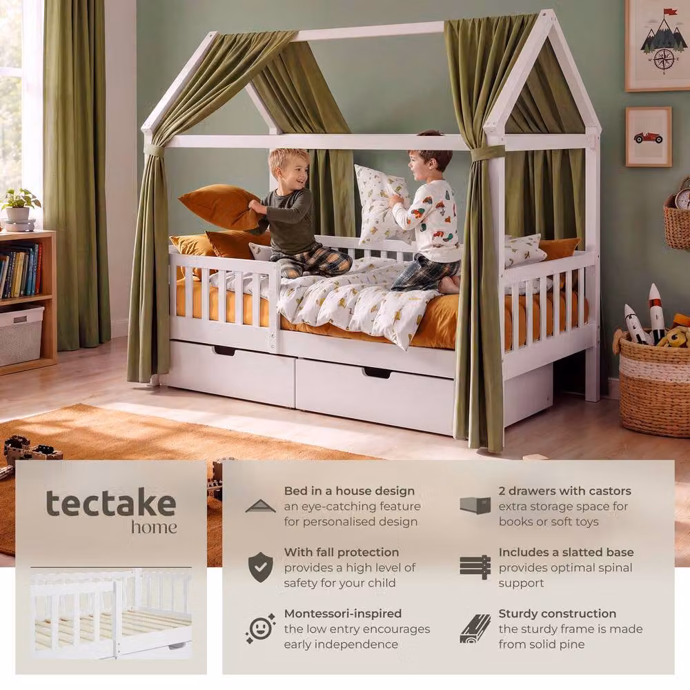 tectake Childrens House Frame Bed in White Lacquered Pine Wood with Drawers, W/D/H: 90 x 200 x 169 cm – 2