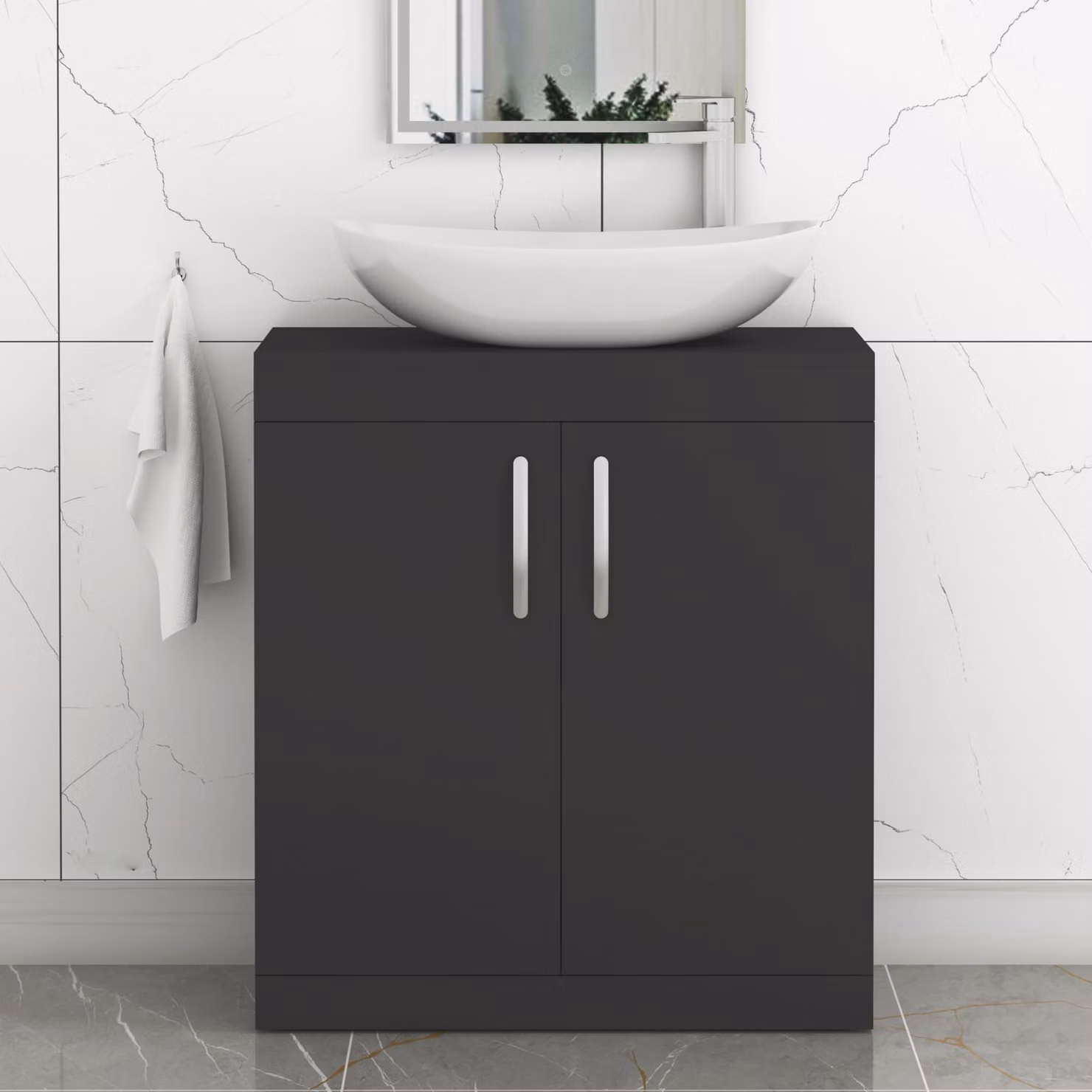Royal Bathrooms Turin 600mm Floor Standing 2 Door Vanity Unit in Matte Black with Countertop Basin and Brushed Brass Handle