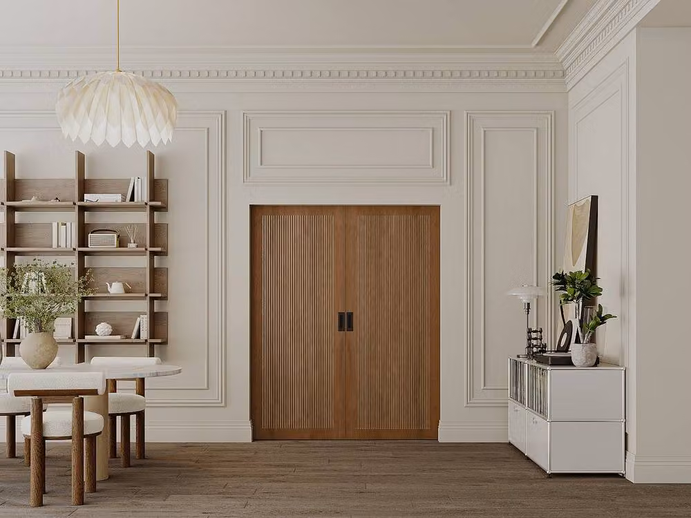Vente-unique Modern Double Sliding Door with Pocket System in Dark Natural Walnut Wood and MDF with Silver Accents – 2