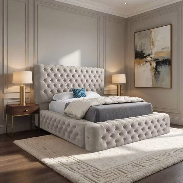 Casani Isleham Pleated Upholstered Designer Bed Frame in Beige, W/D/H: 140 x 200 x 137 cm – 1
