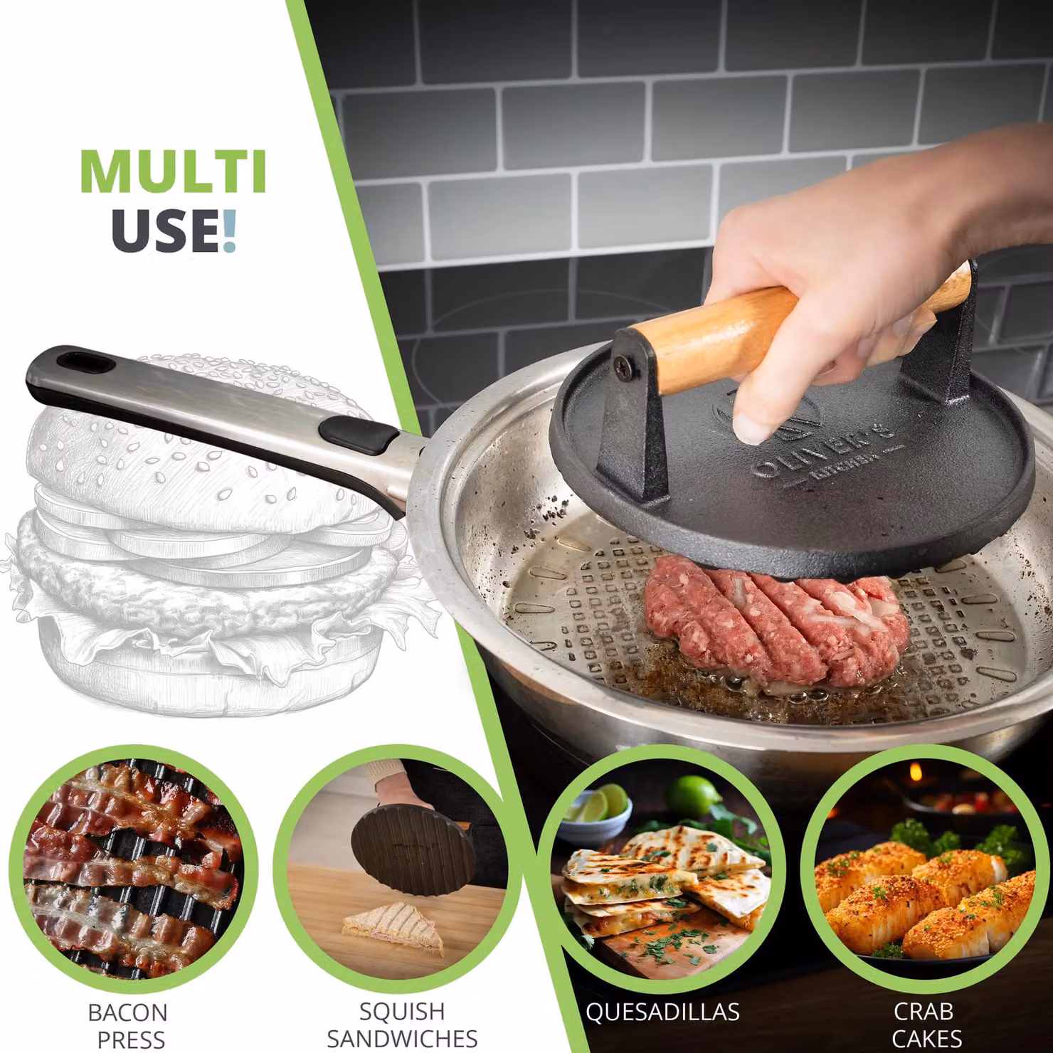 Oliver's Kitchen Cast Iron Smash Burger Press in Black with Ergonomic Grip – 4