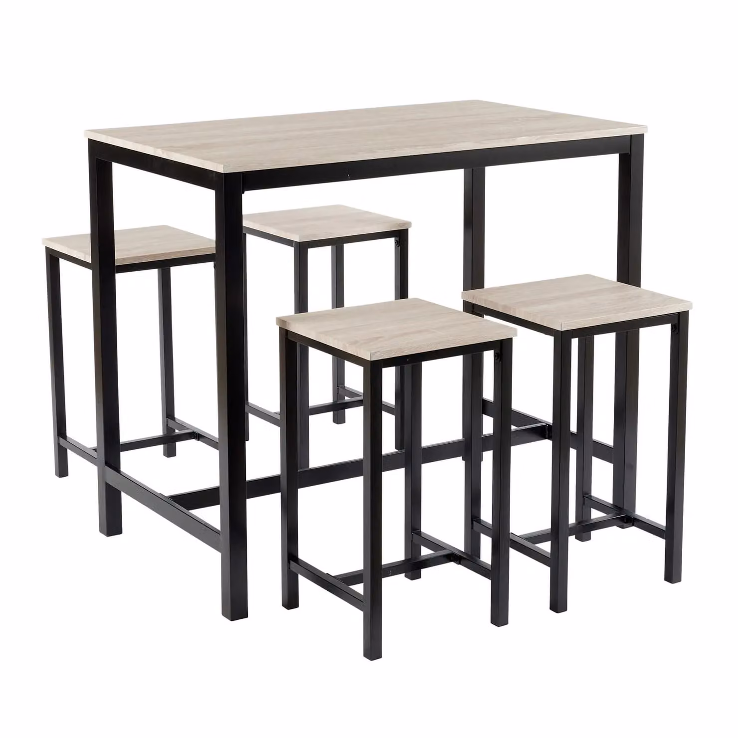 Home Source 5 Piece Industrial Dining Set with Metal Frame and MDF Top in Light Oak, Grey and Black – 4
