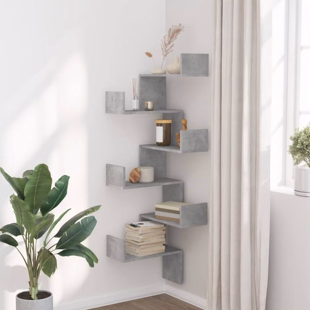 Berkfield Home Wall Mounted Corner Shelf in Concrete Grey, W/D/H: 45 x 45 x 147 cm – 2
