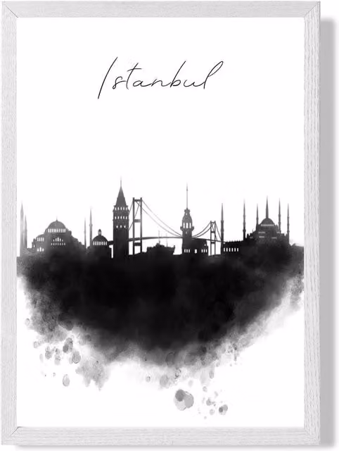 ARTZE Istanbul Watercolour Skyline City Framed Print with Black and White Frame, A2