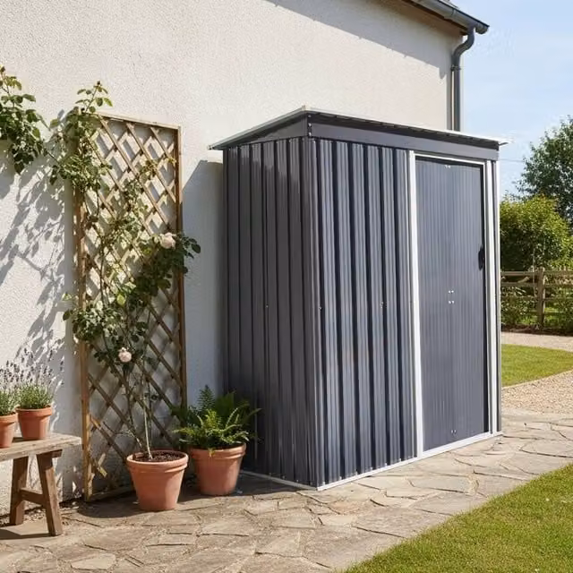 Wyld and Coco Graphite Grey Galvanised Steel Garden Shed with Lockable Sliding Doors, W/D/H: 182 x 89 x 164 cm