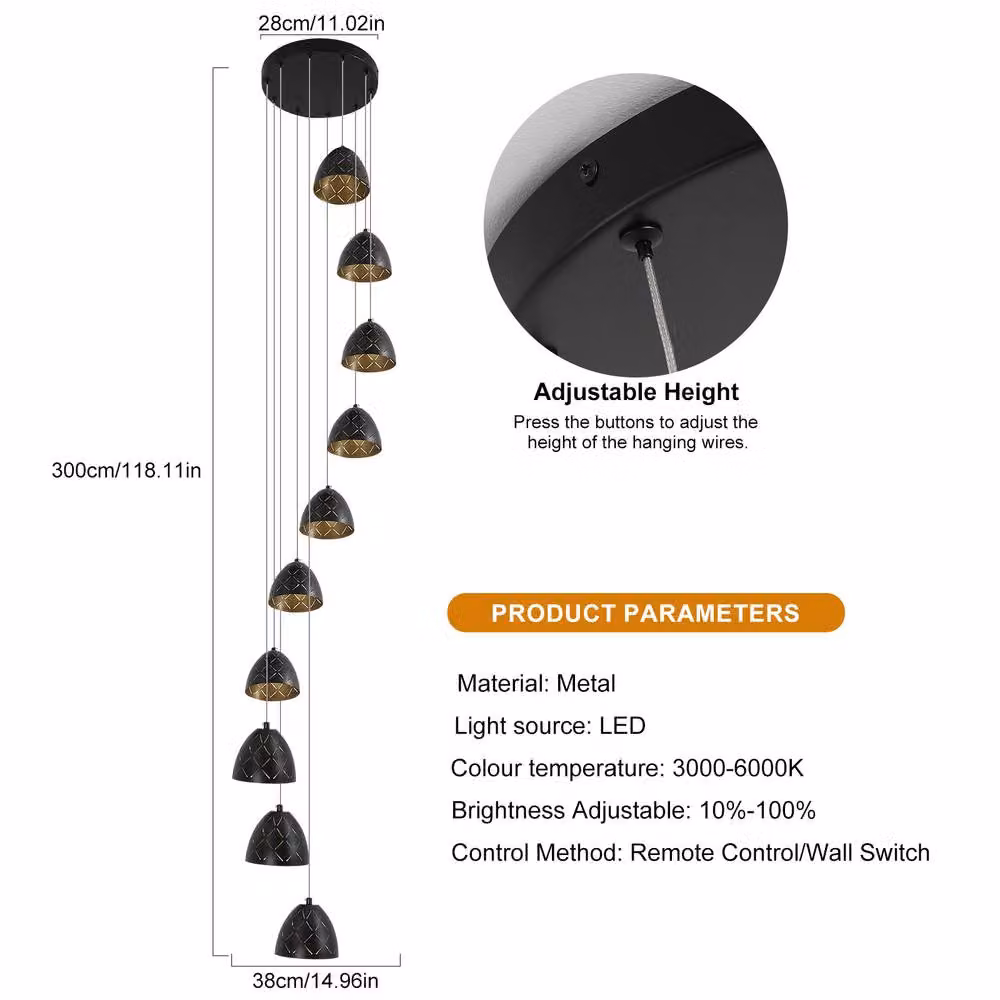 NIVOR 10-Light LED Dimmable Adjustable Pendant Chandelier in Black and Gold/Brass for Staircases, Living Rooms, Kitchens and Dining Rooms – 2