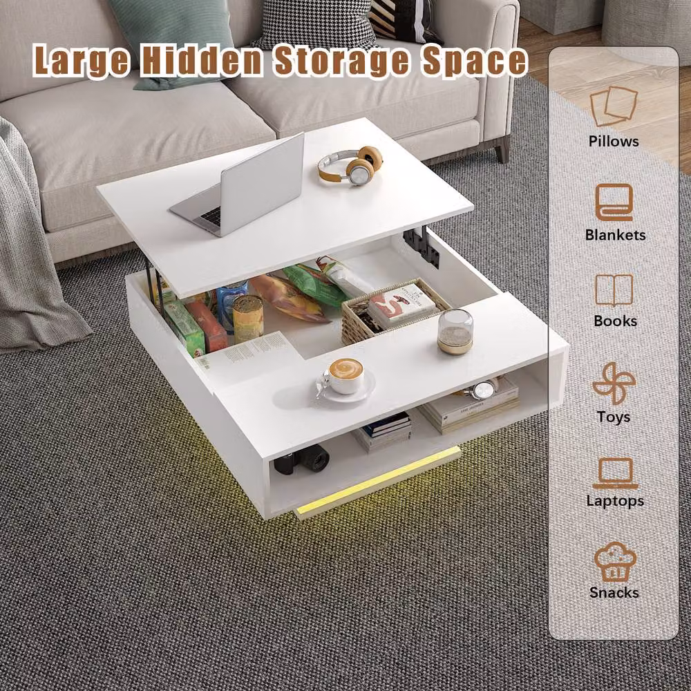 KEEPREAPER Modern Rectangular Lift Top Coffee Table with Hidden Storage in White – 2
