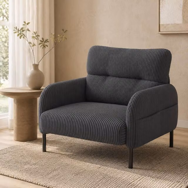 STILVORA Modern Grey Corduroy Single Chair with Side Pockets and Solid Wood Frame – 1