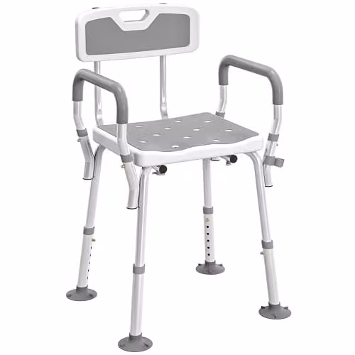 HOMCOM Padded Shower Stool with Arms and Back in Light Grey – 1