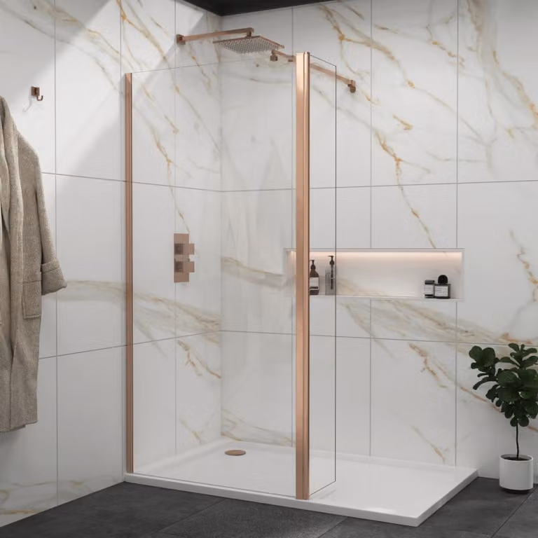 Royal Bathrooms Marbella Walk In Wet Room Shower Screen with Flipper Panel, Brushed Bronze, 8mm Easy Clean Glass, W: 70 cm, H: 185 cm