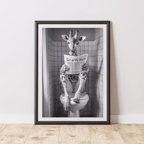 60 Second Makeover Giraffe Reading Paper On Toilet Animal Print Wall Art Poster, A3
