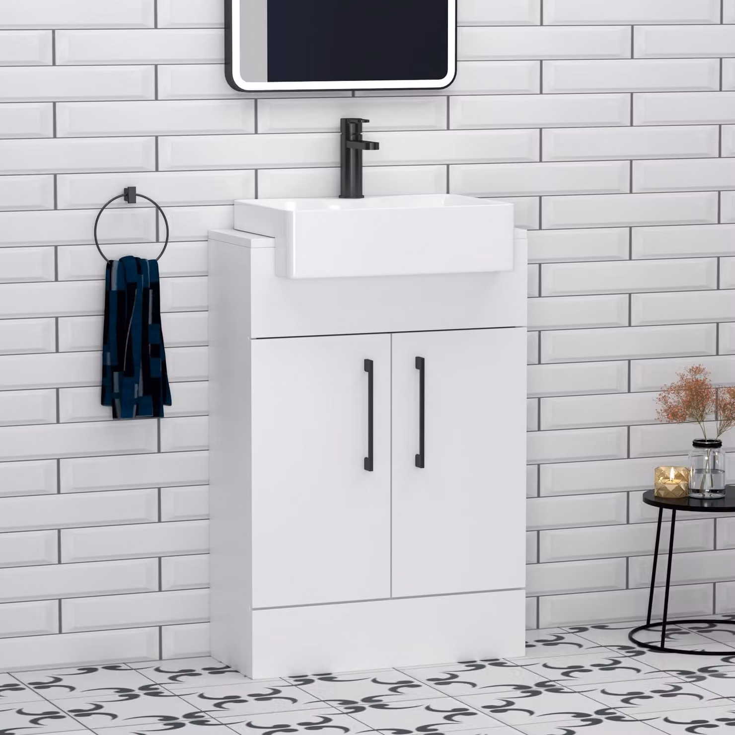 Royal Bathrooms Elena 600mm Gloss White Floor Standing Vanity Unit with 2 Soft Close Doors, Black Handles and Semi Recessed Basin
