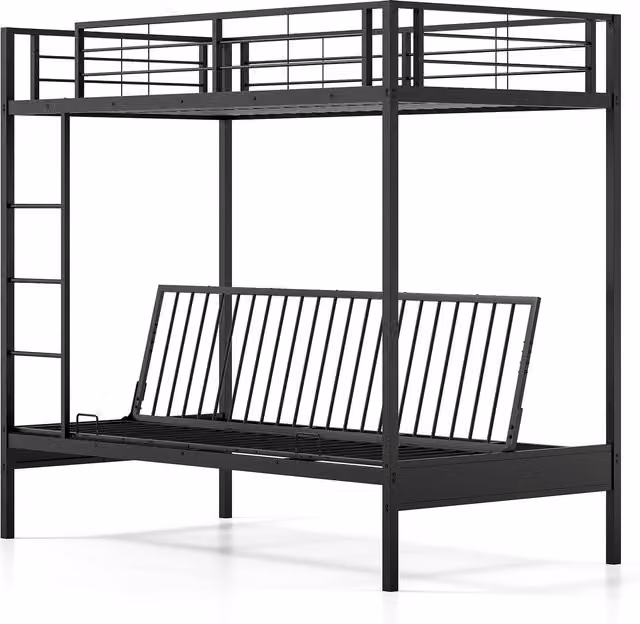 COSTWAY Single Over Futon Bunk Bed with Stairs and Cotton Futon, Black Metal