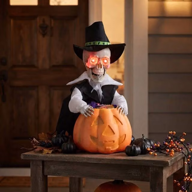 Garden Greatness LED Animated Skeleton Groom Pumpkin Bowl in Orange and Multicolour