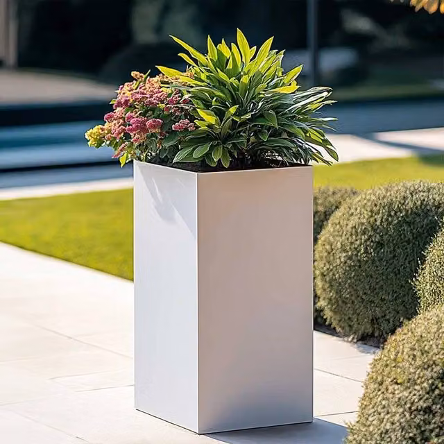 Access Garden Products Matte White Tall Square Galvanised Steel Planter, W/D/H: 25 x 25 x 50 cm