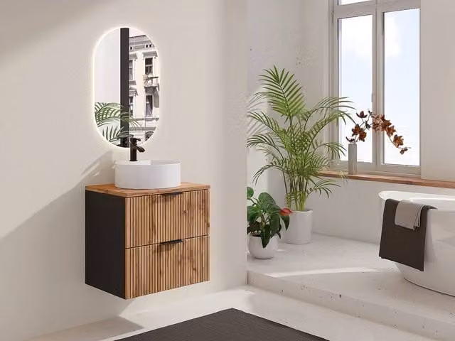 Vente-unique Striped Wall-Mounted Bathroom Vanity Unit with Round Ceramic Basin in Black, Light Oak and White, W/D/H: 60 x 46 x 57 cm