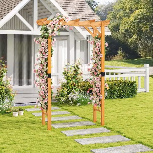 COSTWAY Brown Wooden Outdoor Trellis Garden Arch Support, H 215 x W 140 x D 60 cm