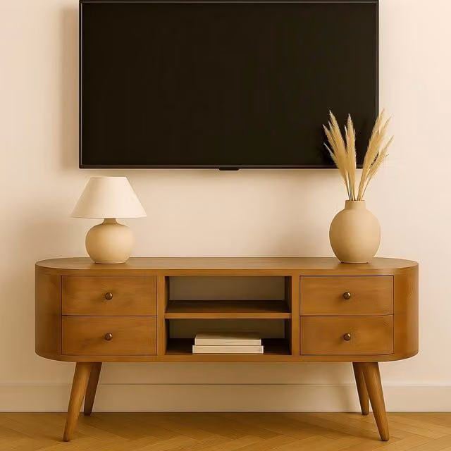 Aosom UK Solid 100% Mango Wood Rounded Entertainment Unit in Brown with 4 Drawers and 2 Open Shelves, W/D/H: 110 x 35 x 47 cm – 1
