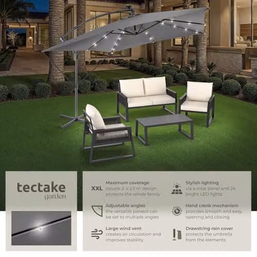 tectake Garden Parasol with Solar LED Lights, Water-Repellent Polyester Canopy and Hand Crank, Light Grey, W/D/H: 250 x 250 x 250 cm – 2