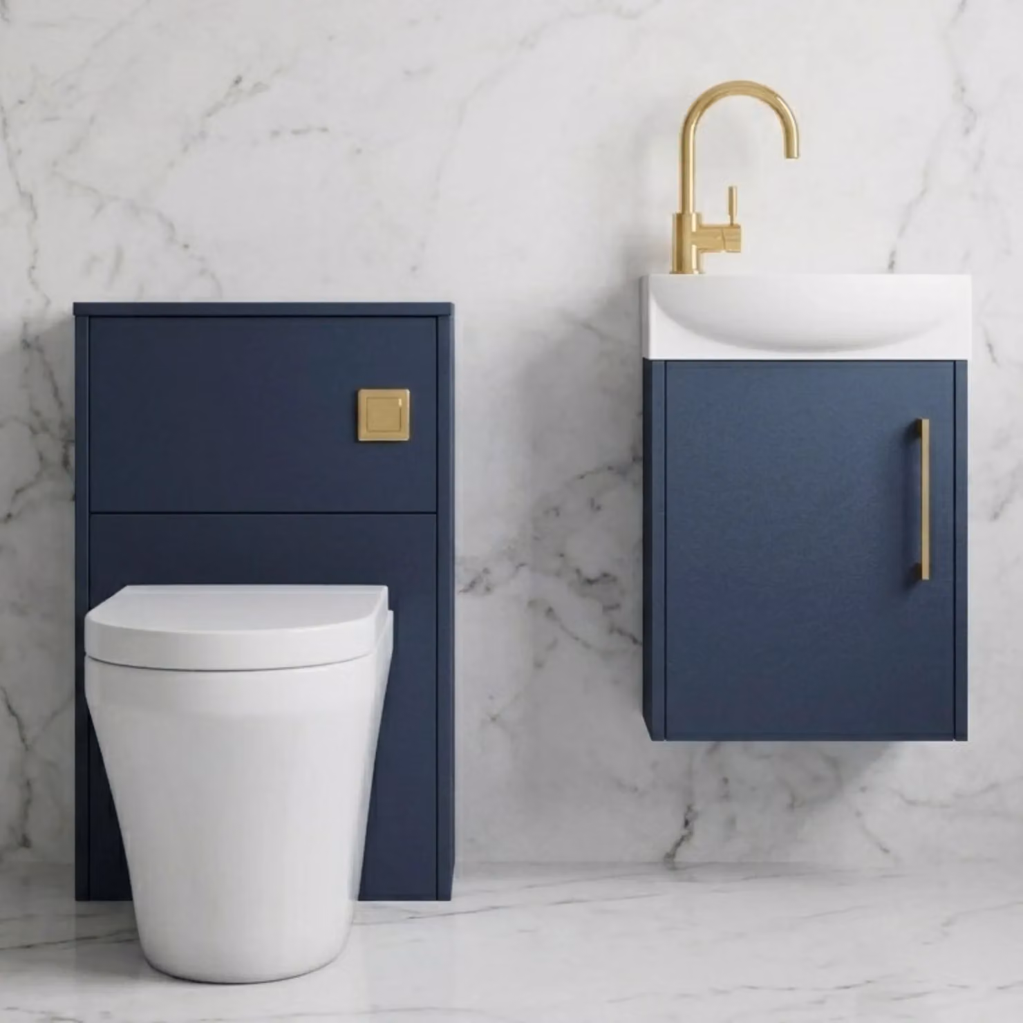 Balterley Right Hand Cloakroom Suite with Vanity, WC, and Tap Set in Grey with Blue Brass, 440mm – 4