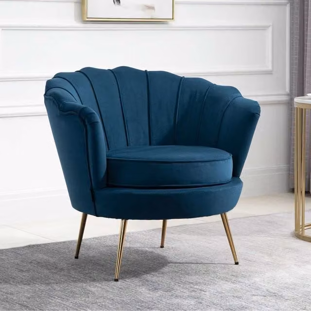 Birlea Ariel Blue Velvet Scallop Back Accent Arm Chair with Gold Metal Frame