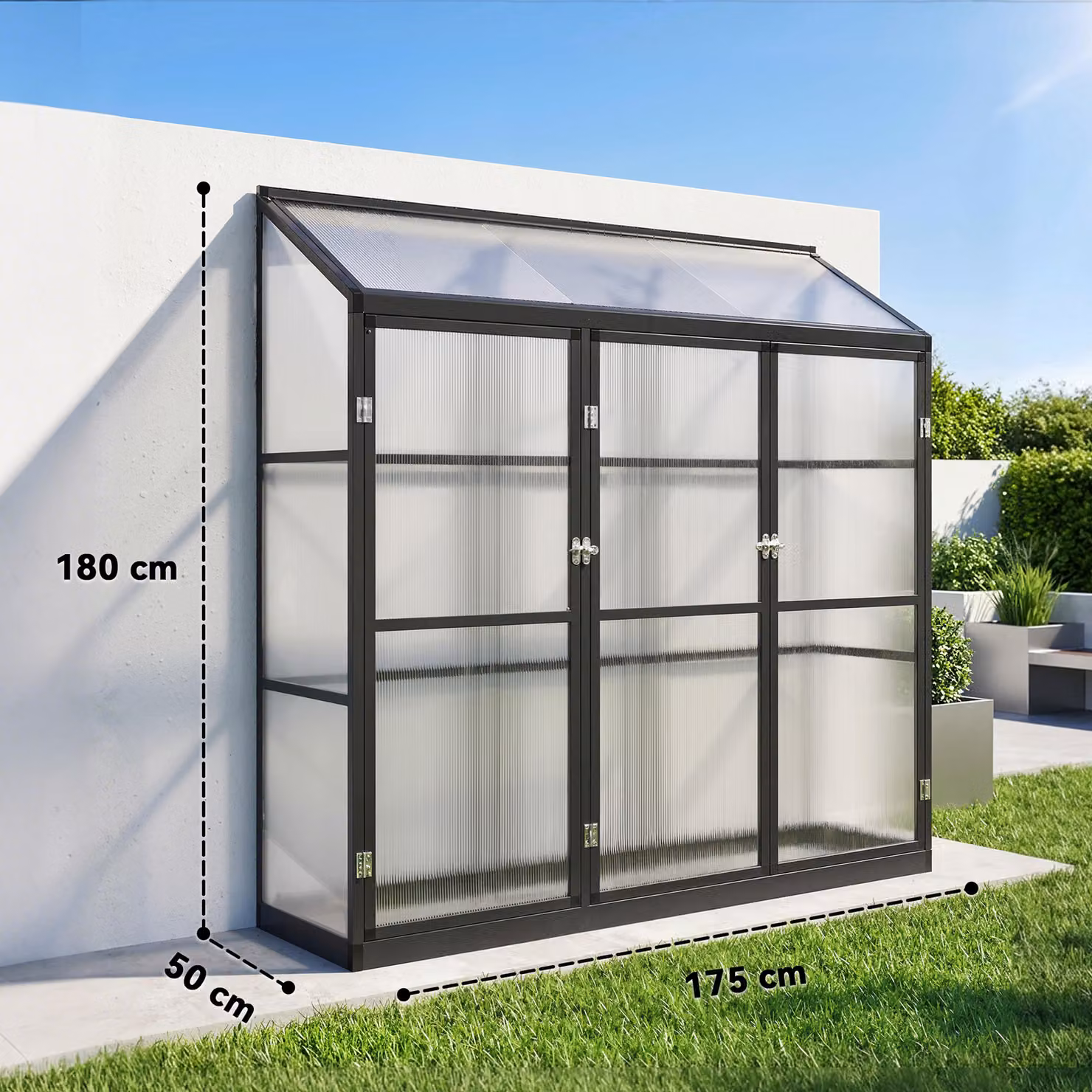 Outsunny Black Polycarbonate Lean-to Walk-in Greenhouse with 3 Hinged Doors and Top Vent – 3