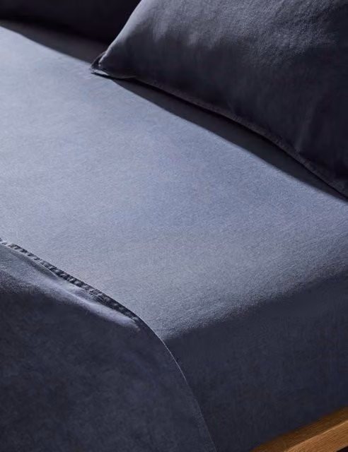 M&S Pure Linen Deep Fitted Sheet, Navy Blue, 180 x 200 cm