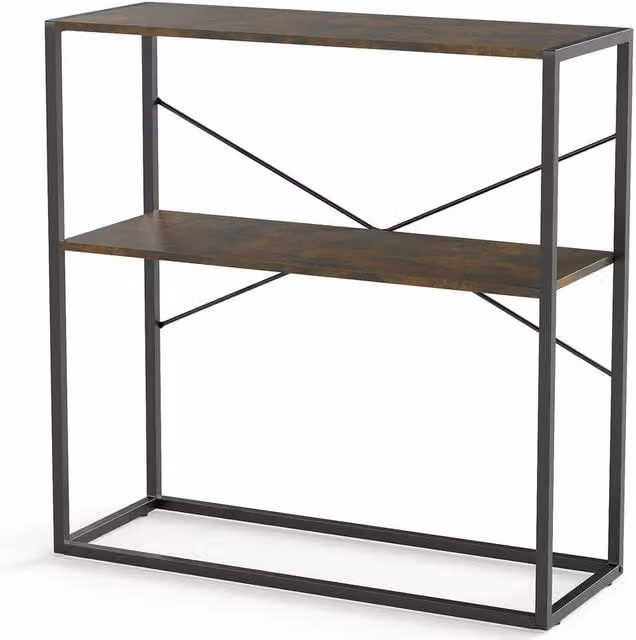 FORGEVIO 2-Tier Industrial Entryway Table with Open Shelves, Black Metal and Wood Frame