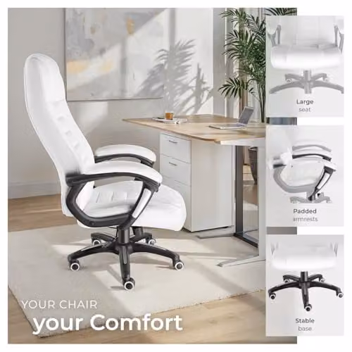 tectake Ergonomic Office Chair in White with Synthetic Leather, Headrest and 360 Degree Swivel – 5