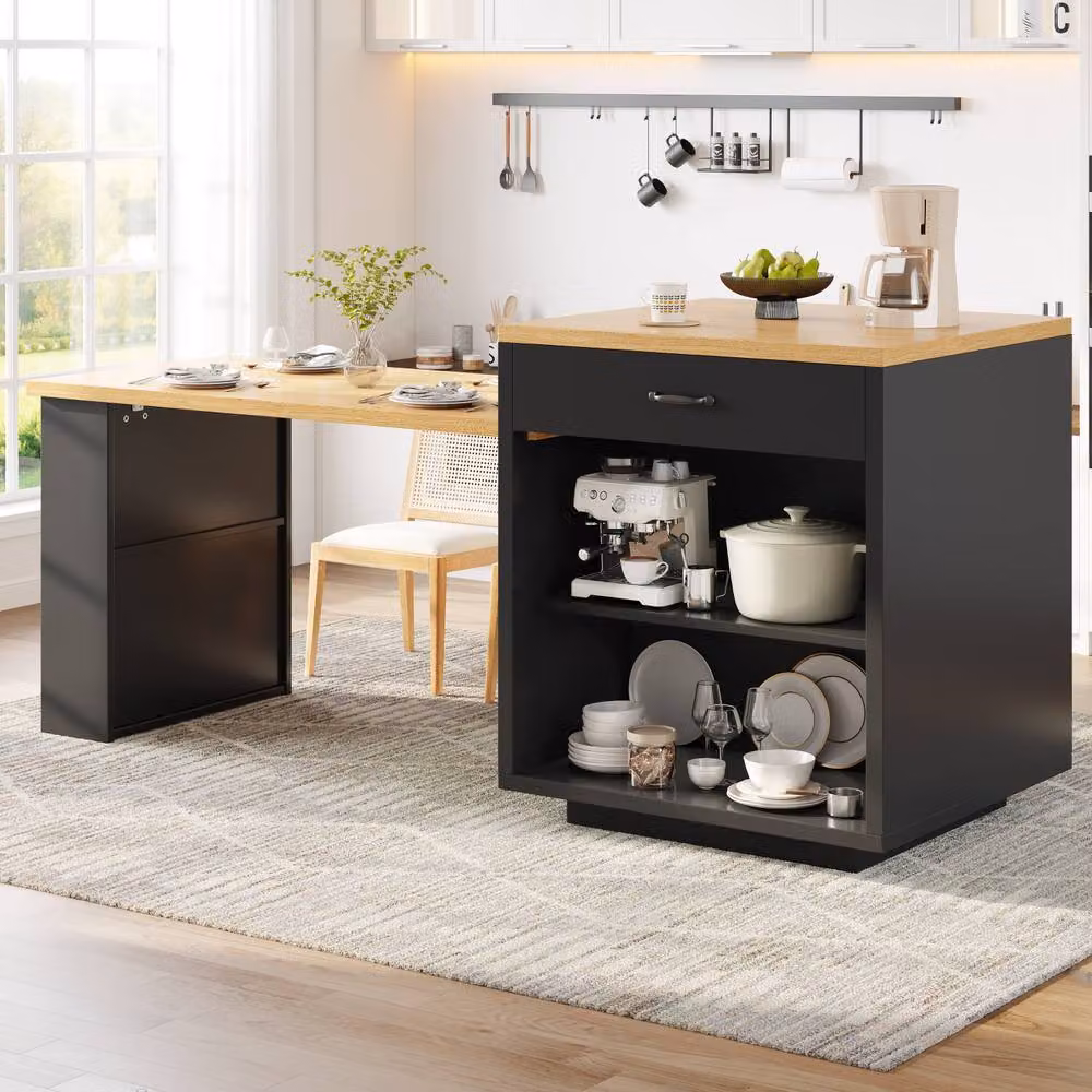 Rolipo Modern Extendable Kitchen Island with LED Lighting and Storage in Black – 3