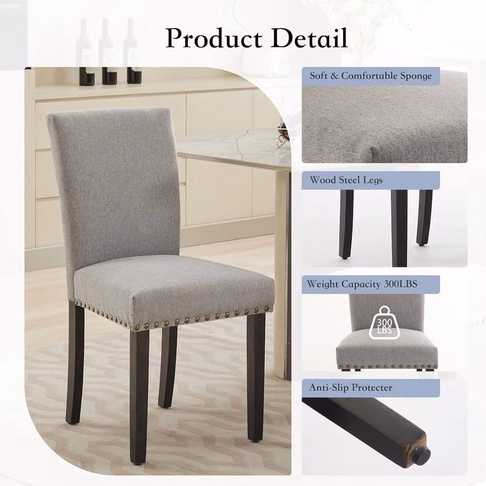 London Boutique Set of 2 Grey Upholstered Armless Dining Chairs with Rubberwood Legs – 3