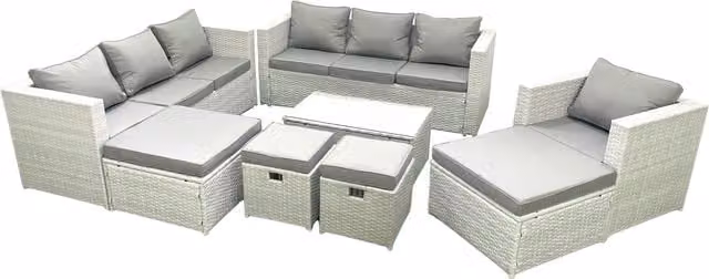 Fimous 8 Piece Rattan Garden Furniture Set with Sofa, Chairs, Coffee Table and 4 Footstools in Light Grey