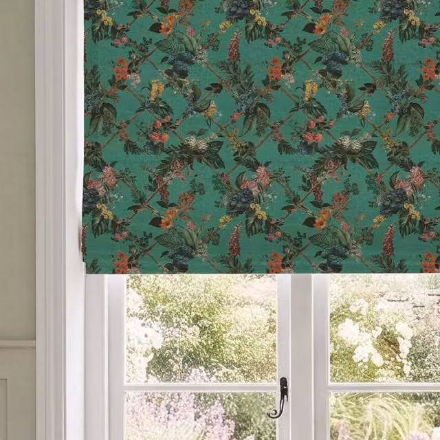 House Llewelyn-Bowen Cotswold Fantasia Printed Made To Measure Roman Blind in Teal and Multicolour Floral Blackout Textile