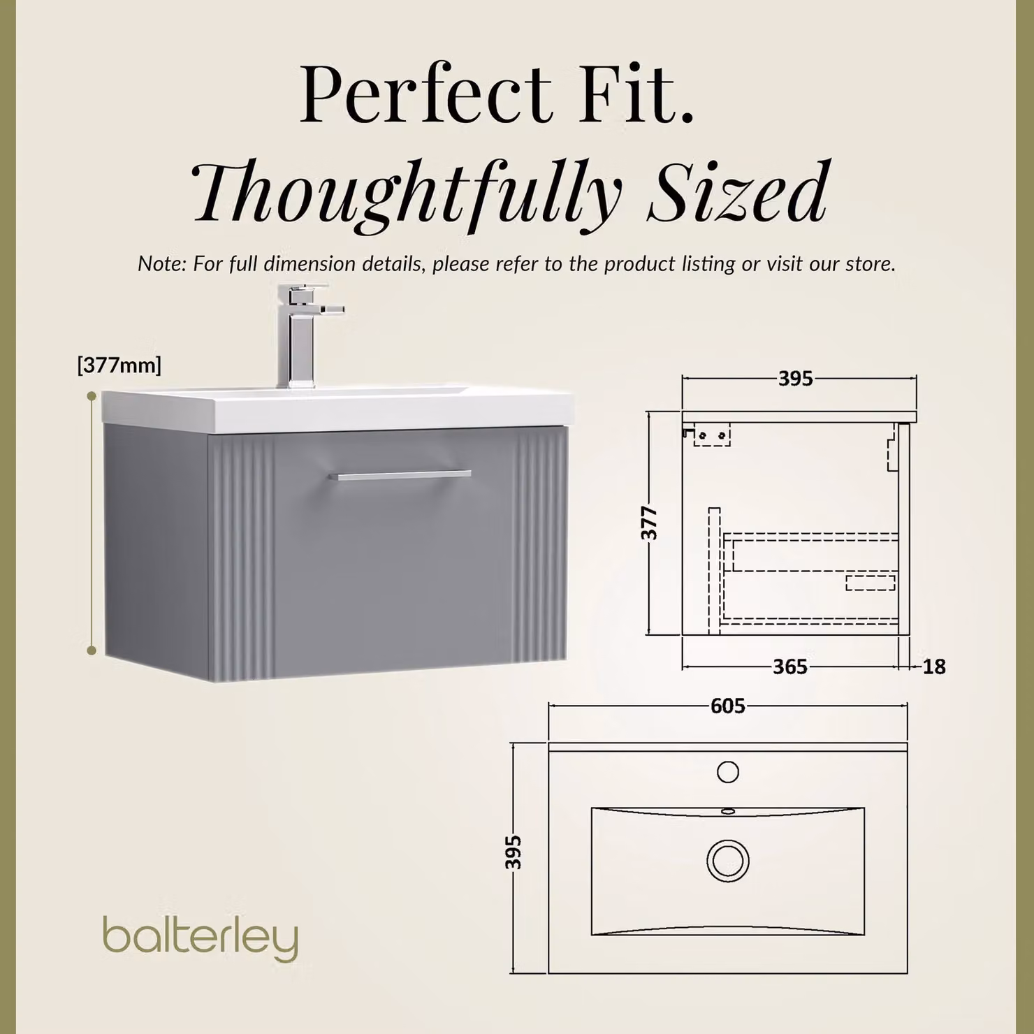 Balterley Wall Hung 1 Drawer Vanity Unit with Thin-Edge Basin, Satin Grey, W: 60 cm, D: 37.7 cm, H: 60 cm – 3