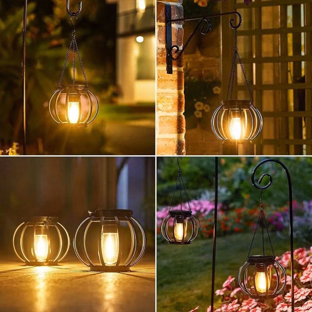 EONLION Set of 2 Circle Outdoor Solar LED Lanterns in Black Metal, Height: 100 cm – 4