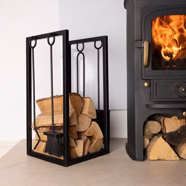 Charles Bentley Hornbeam Log Holder and Iron Tool Stand, Black