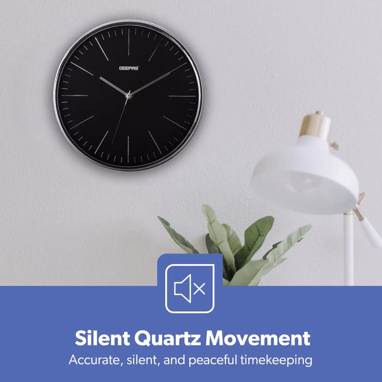 Geepas Silent Non-Ticking Analog Wall Clock, Black and Silver Round Quartz Design – 3