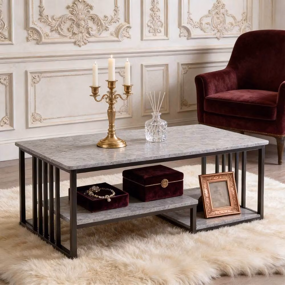 Nordara Grey Marble and Metal Coffee Table with Open Storage and Rectangular Design – 3